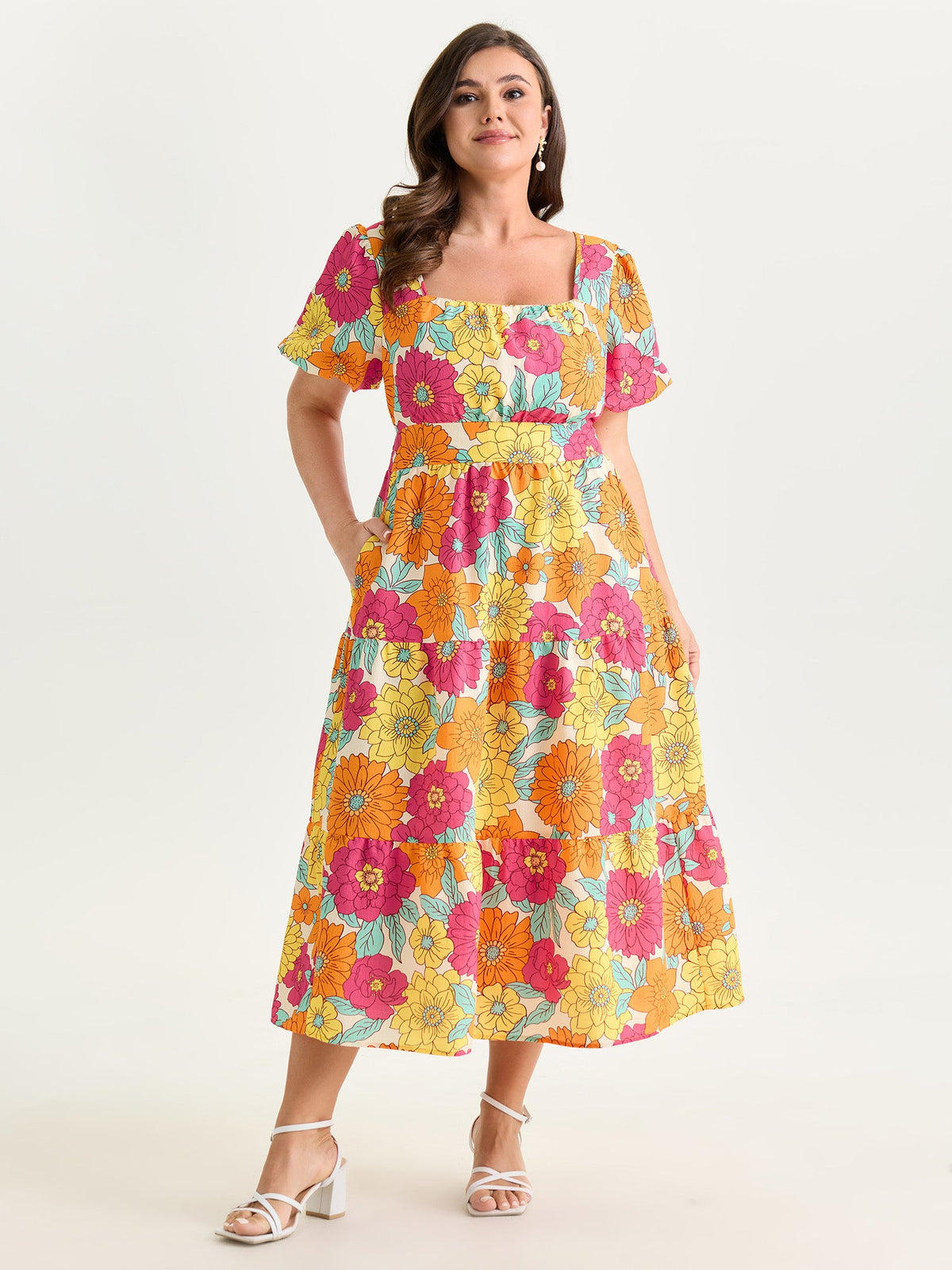 Bright Floral Print Shirred Midi Dress