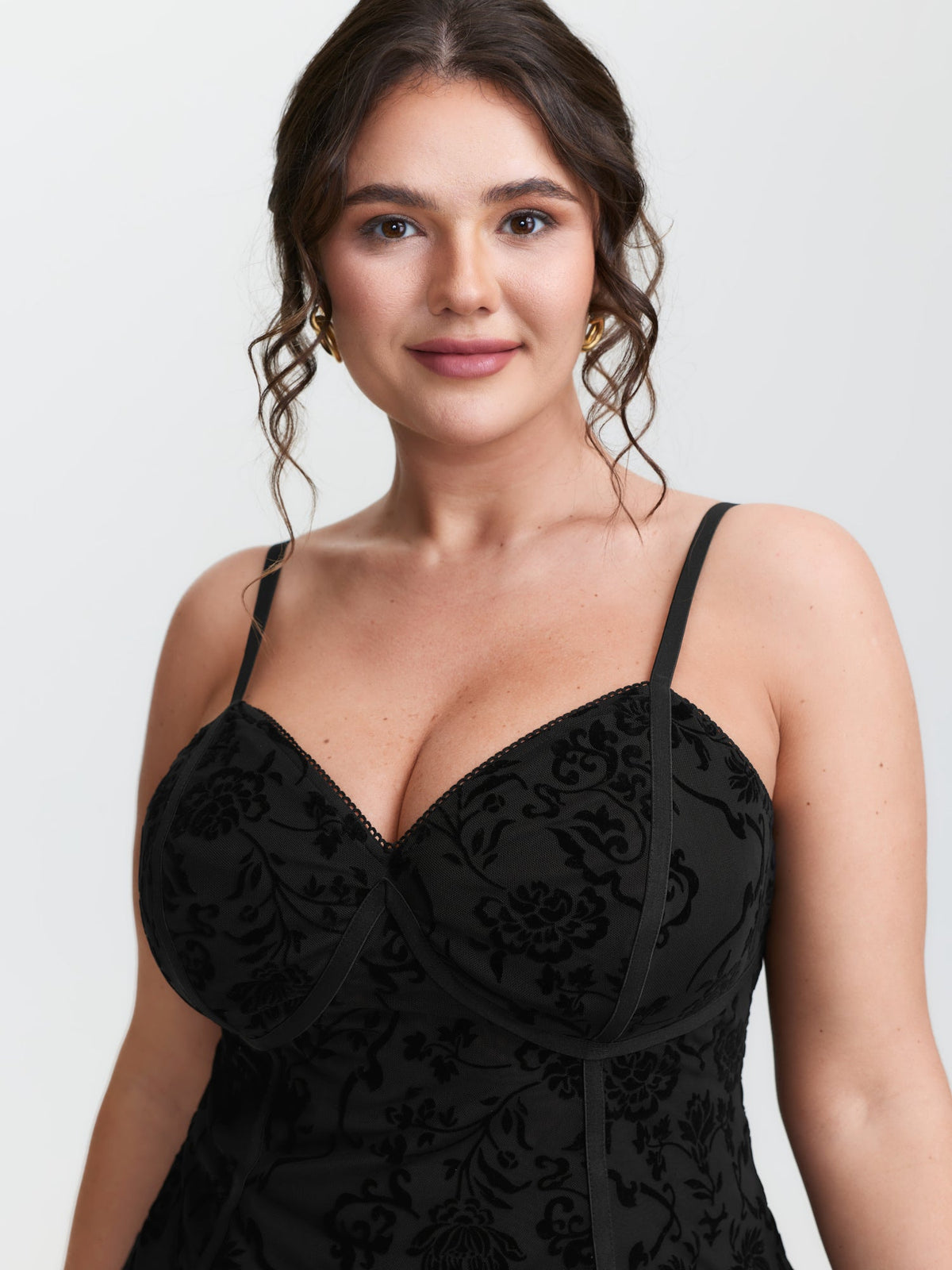 Flocked Floral Stretchy Mesh Lace Tank Top