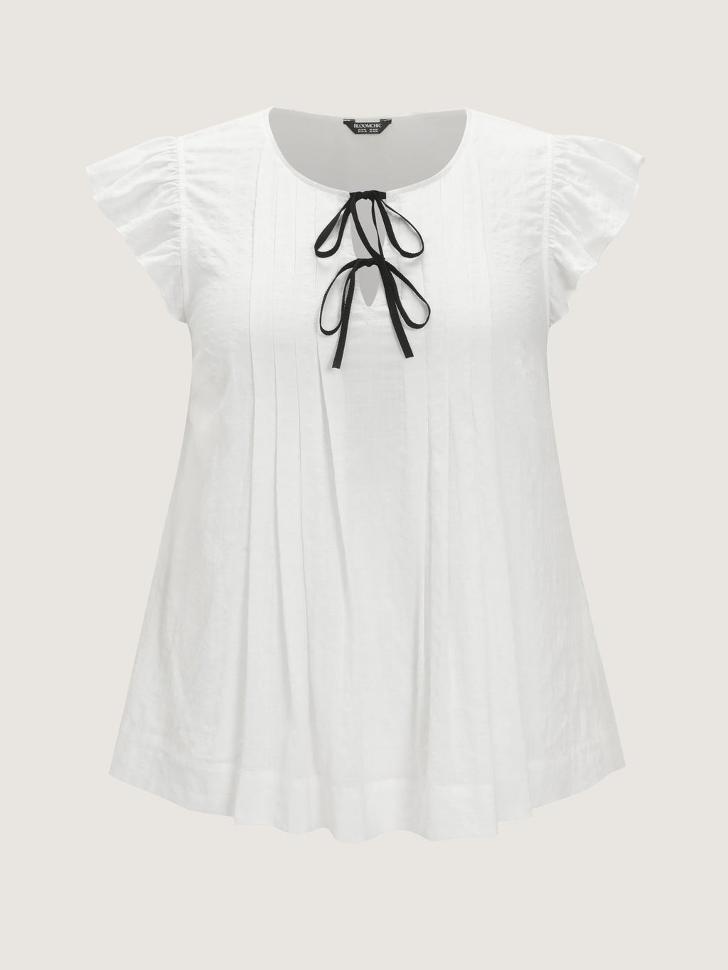 Cotton Flutter Sleeve Pleated Contrast Bows Blouse