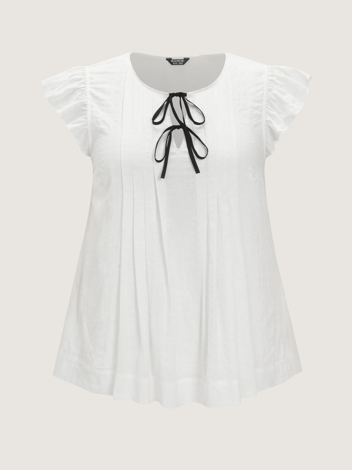 Cotton Flutter Sleeve Pleated Contrast Bows Blouse