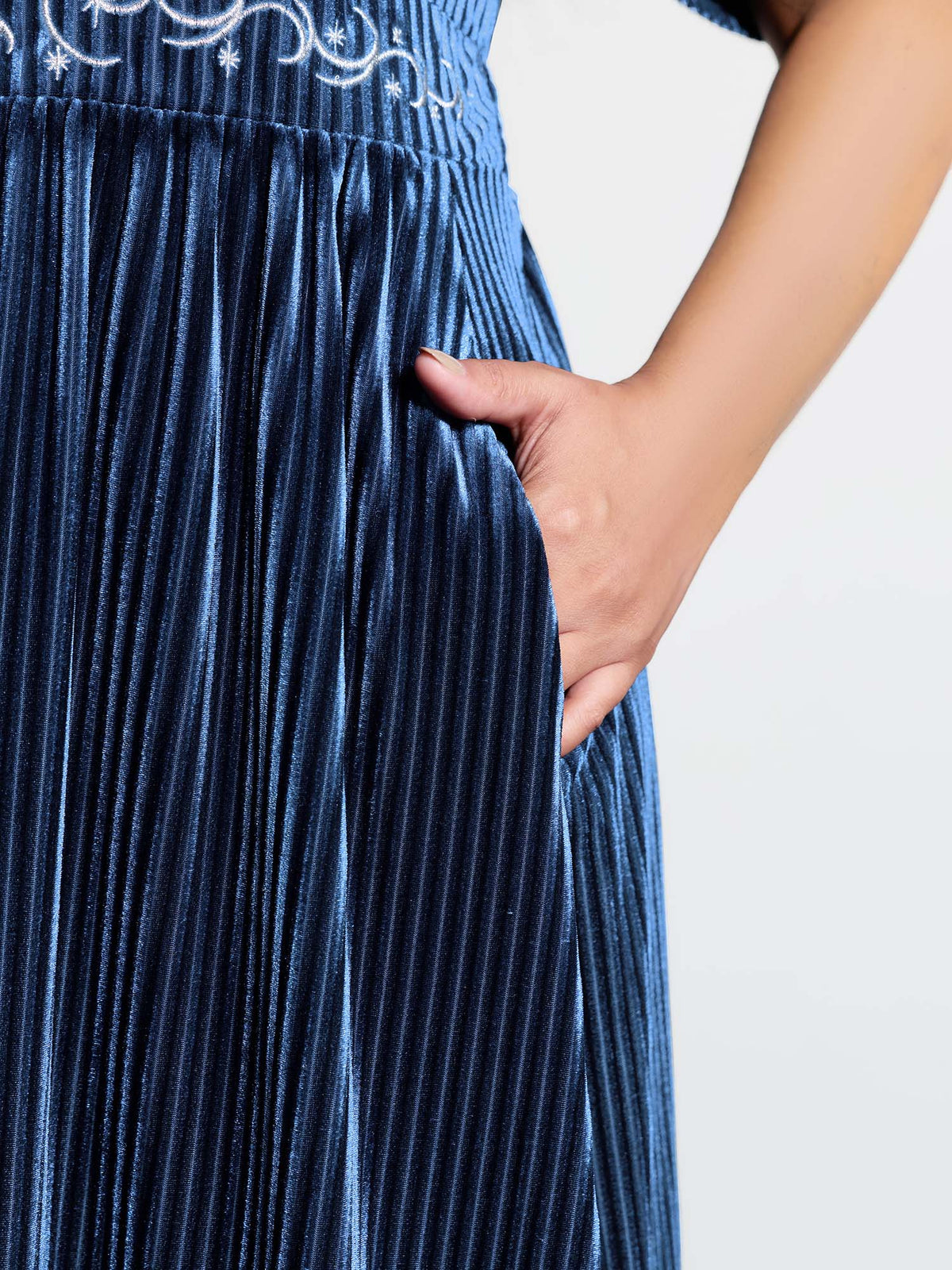 Velvet Celestial Embroidery Shirred Maxi Dress