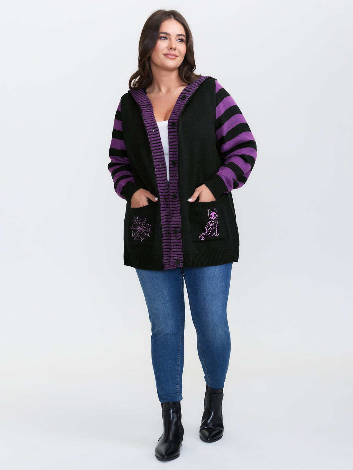 Stripes Sleeve Contrast Hooded Cardigan
