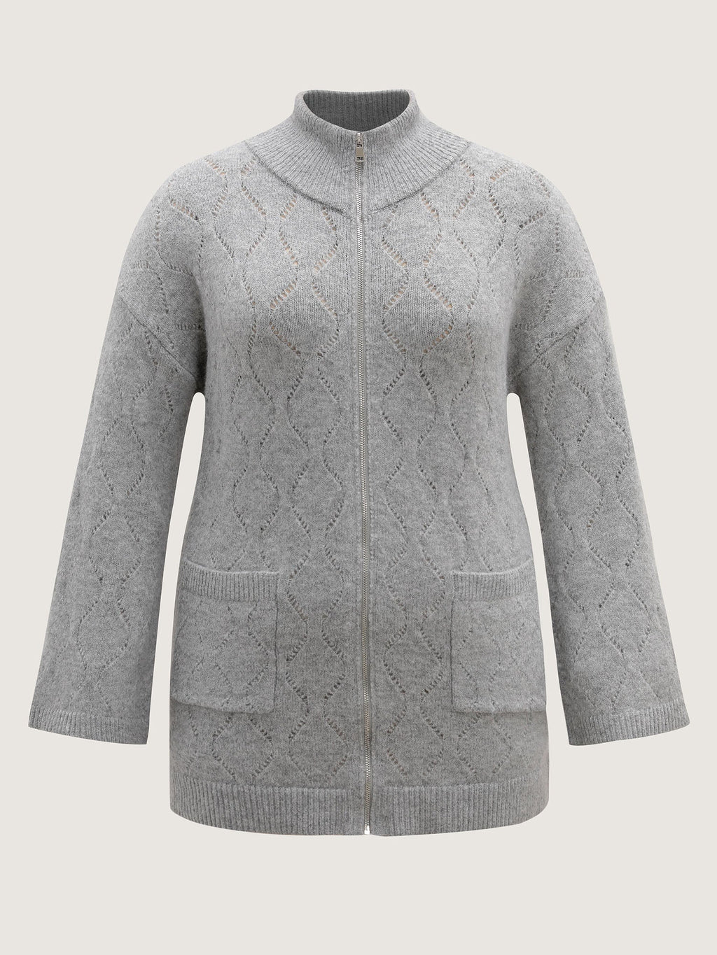 Textured Flared Sleeve Zipper Knit Cardigan