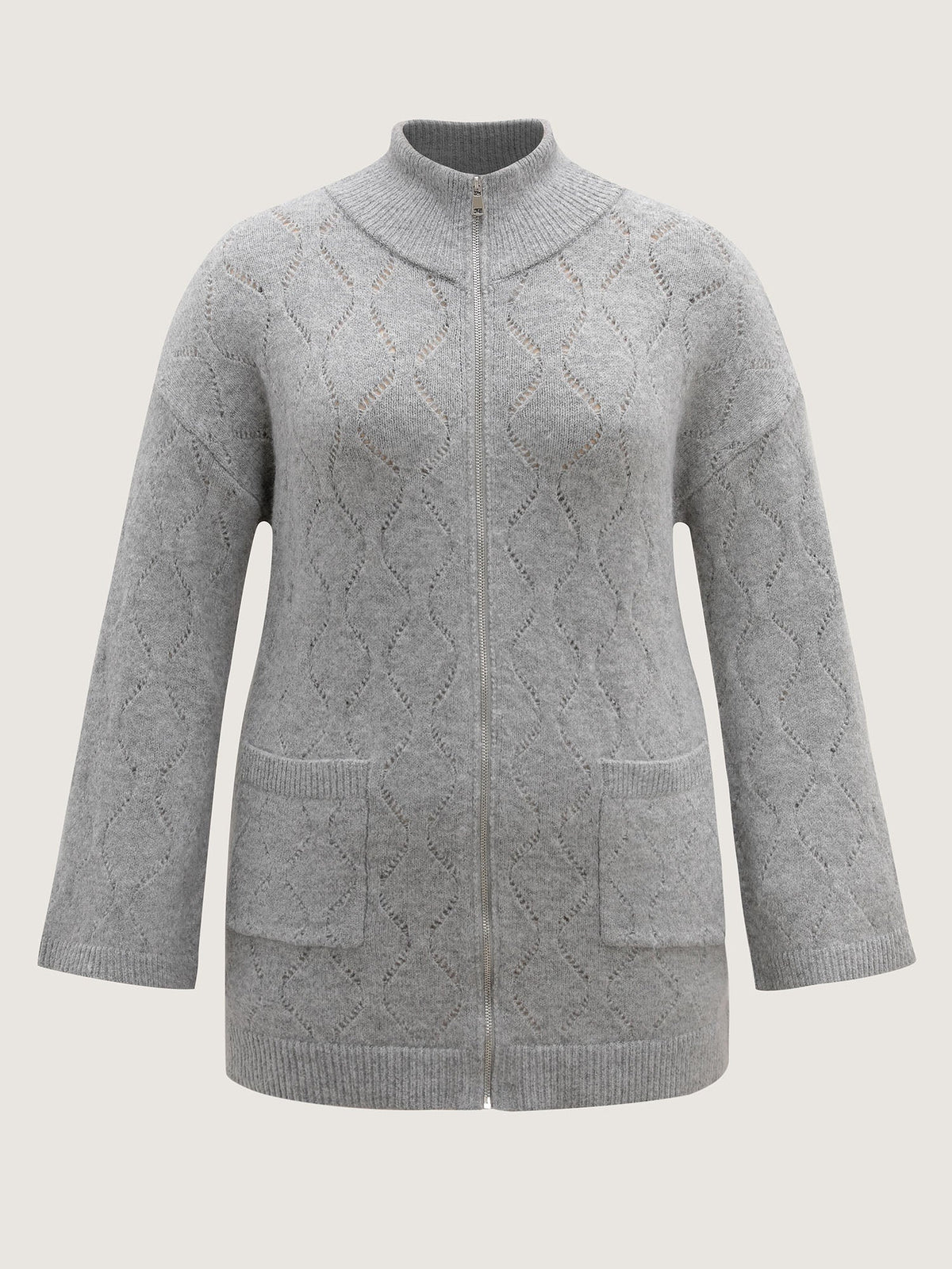 Textured Flared Sleeve Zipper Knit Cardigan