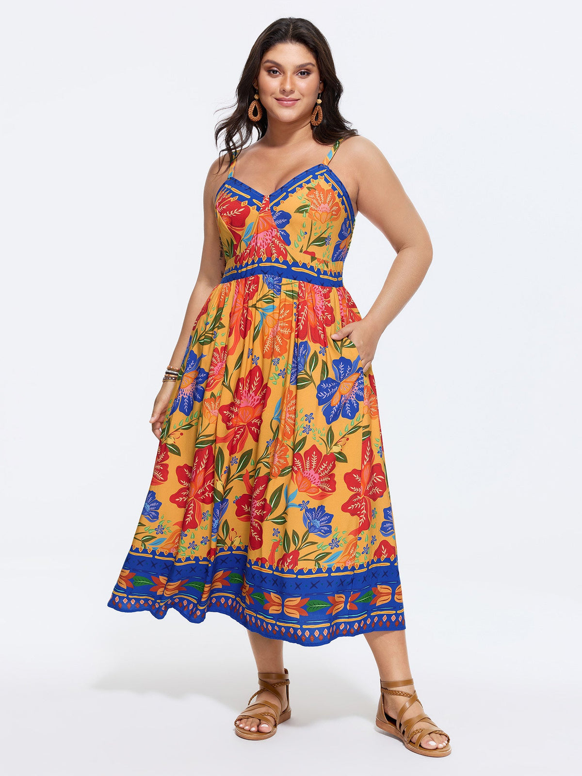 Vibrant Floral Print Pockets Cami Midi Dress