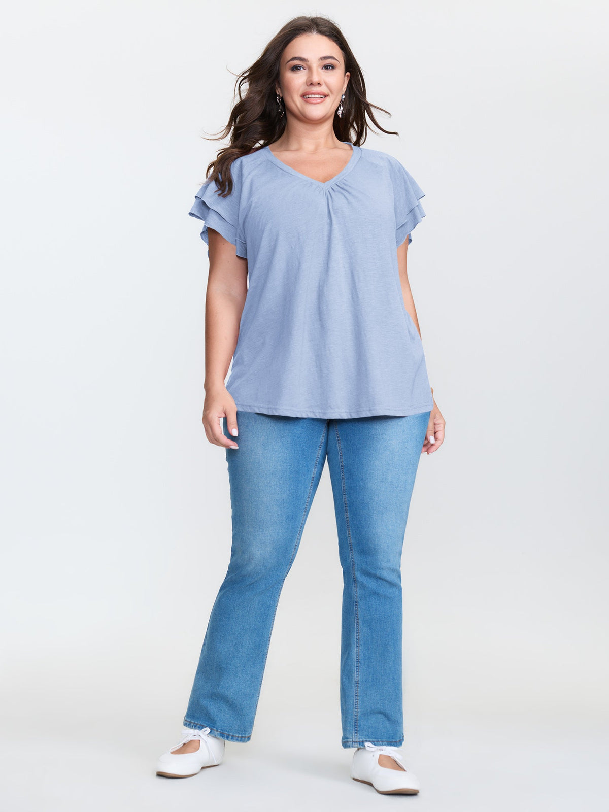 Stretchy Textured Flared Sleeve T-Shirt