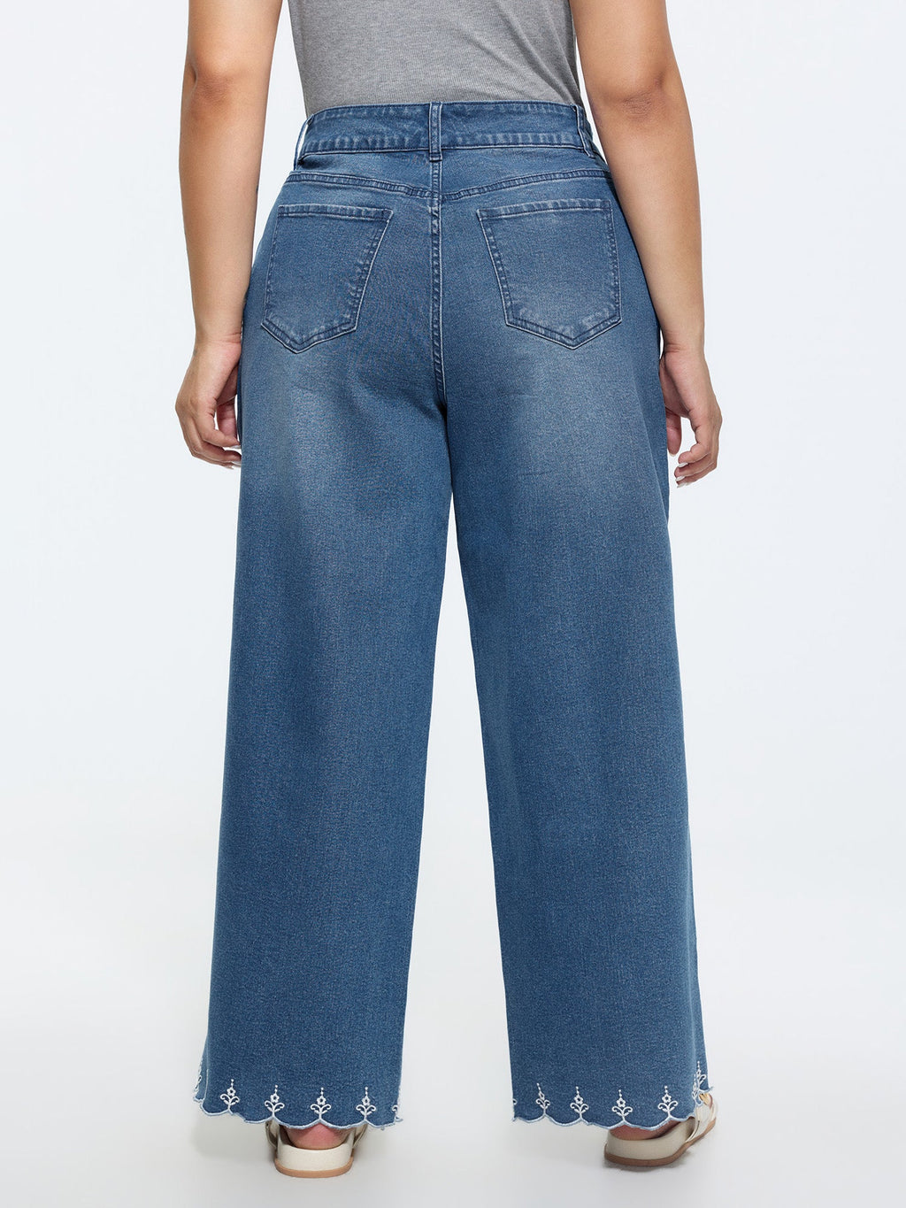 Stretchy Embroidered Hem Wide-Leg Jeans
