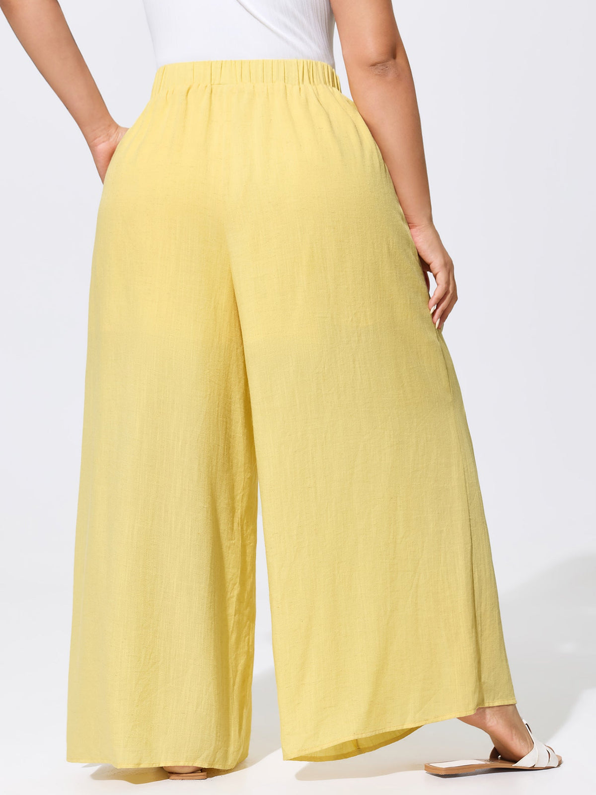Linen Blend Button Detail Hem Split Sheer Pants