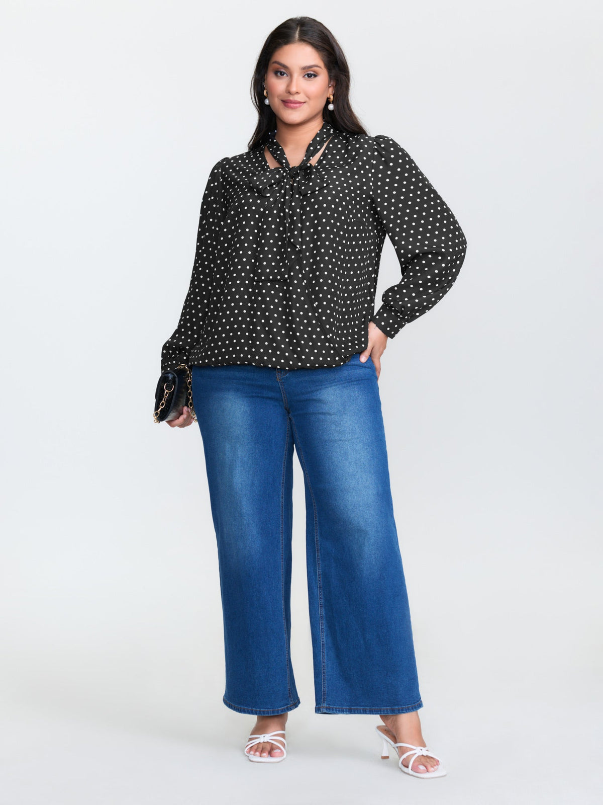 Retro Polka Dots Ribbon Neckline Blouse