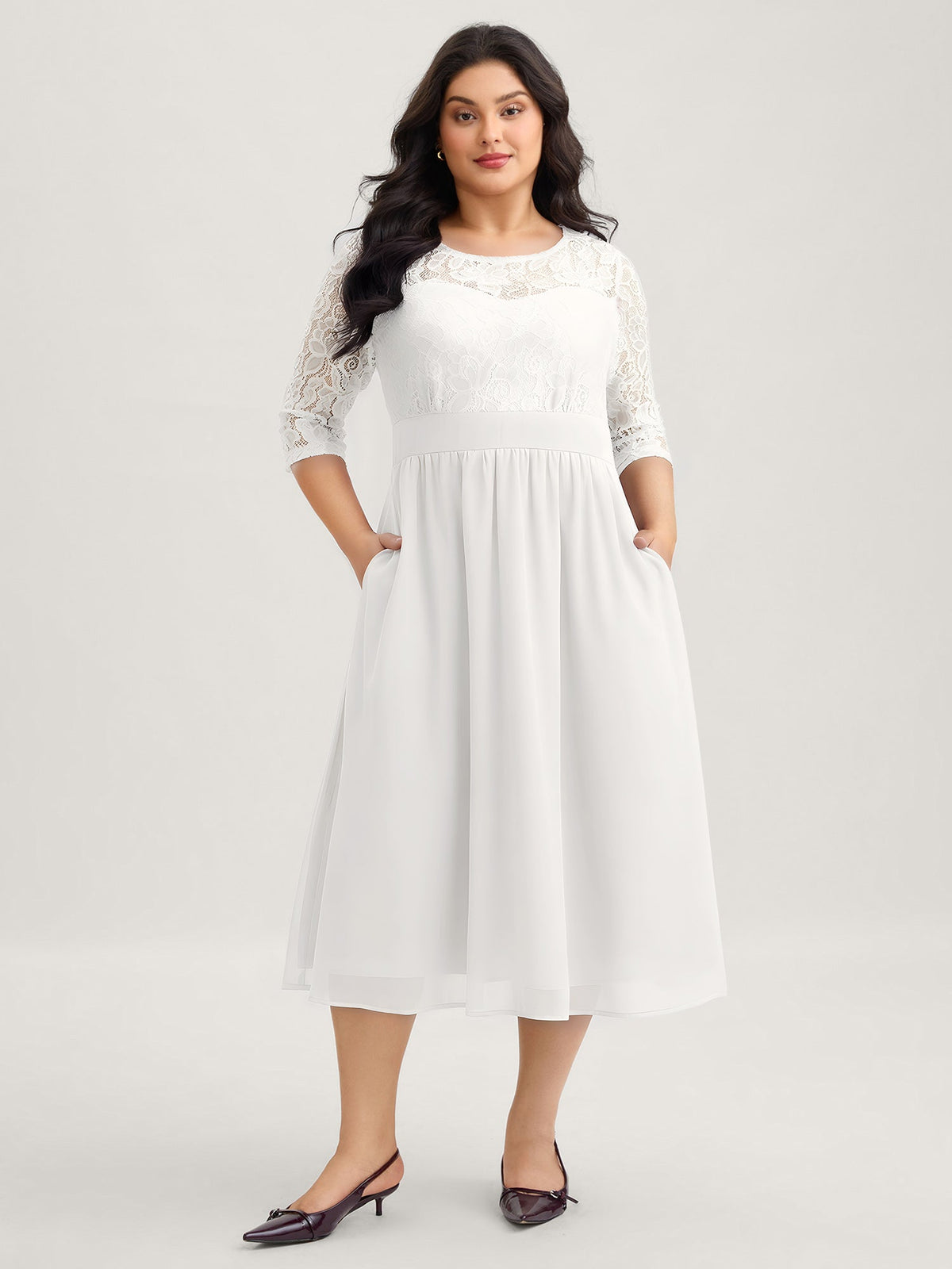 Lace Patchwork Shirred Midi Pocket Dress