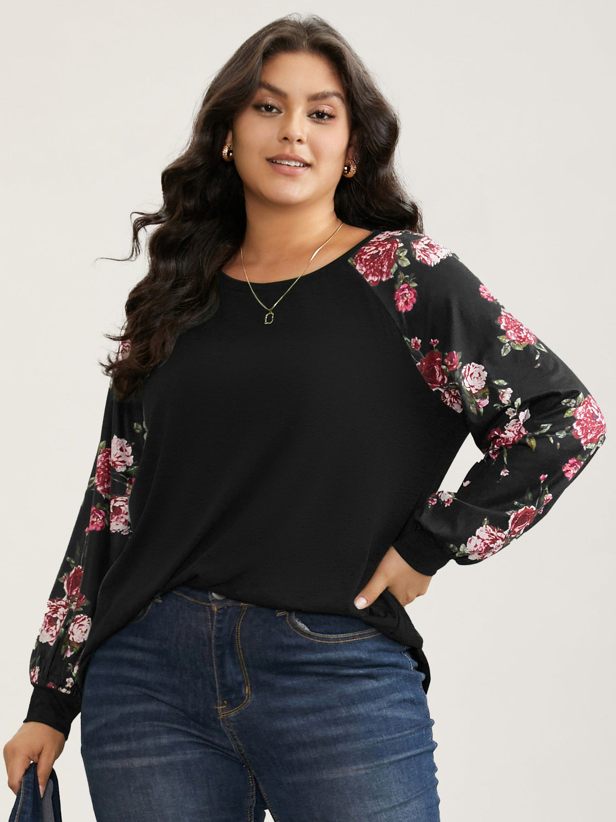 Floral Patchwork Crew Neck Raglan Sleeve T-shirt