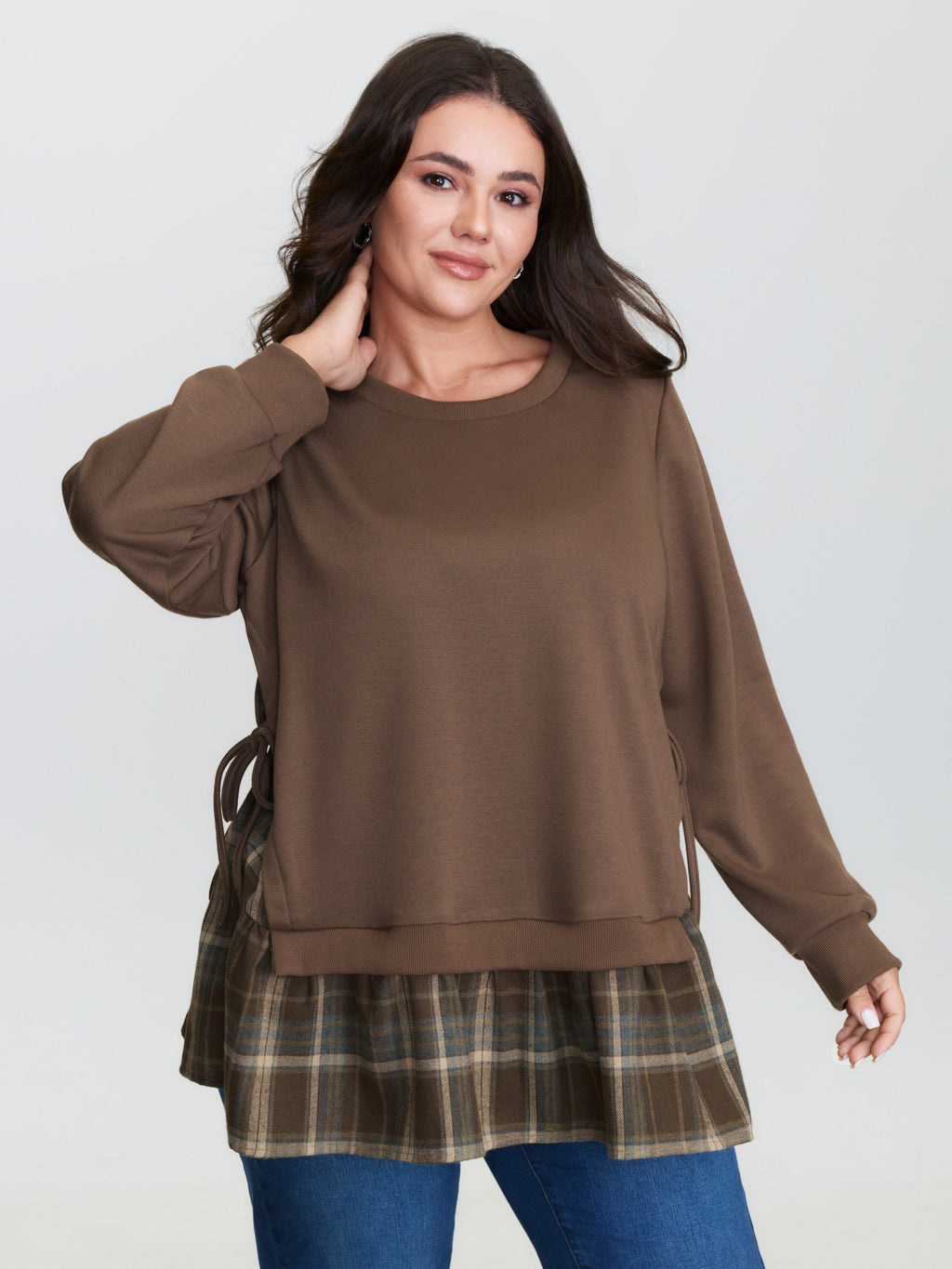 Plaid Pattern Layered Stretchy Sweatshirt
