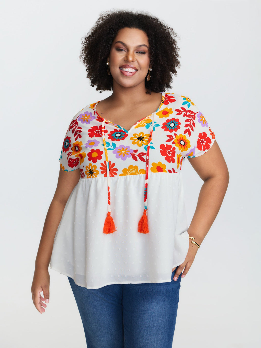 Floral Print Neck-Tie Babydoll Top