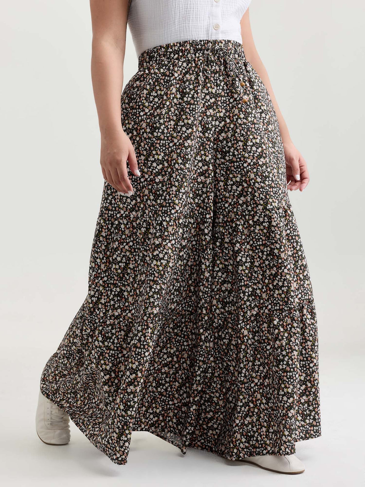 Micro Floral Print Wide Waistband Pants