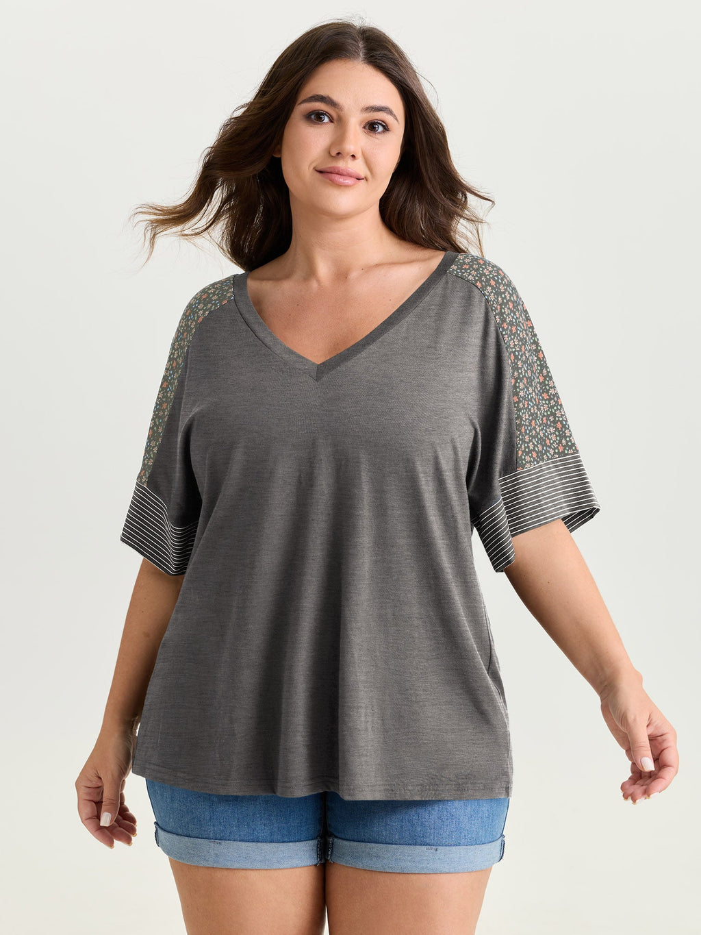 Supersoft Color Contrast Sleeve V-Neck T-Shirt