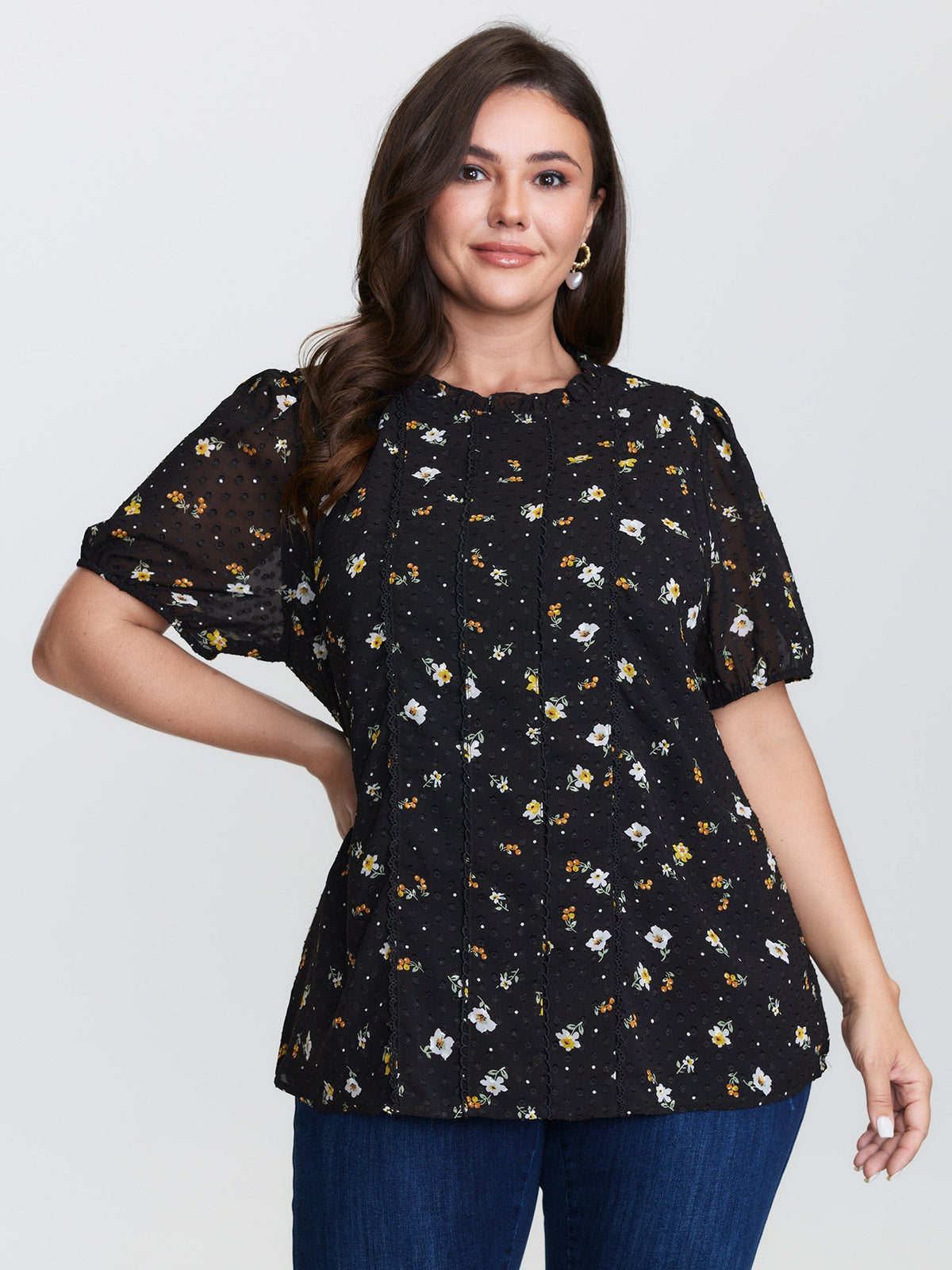 Chiffon Lace Trim Mock Neck Blouse