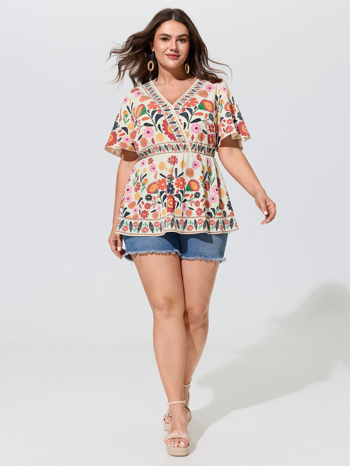 V Neck Colorful Floral Print Babydoll Blouse