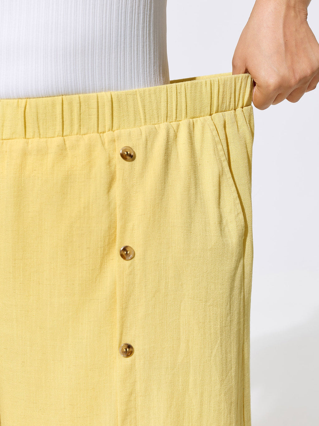 Linen Blend Button Detail Hem Split Sheer Pants