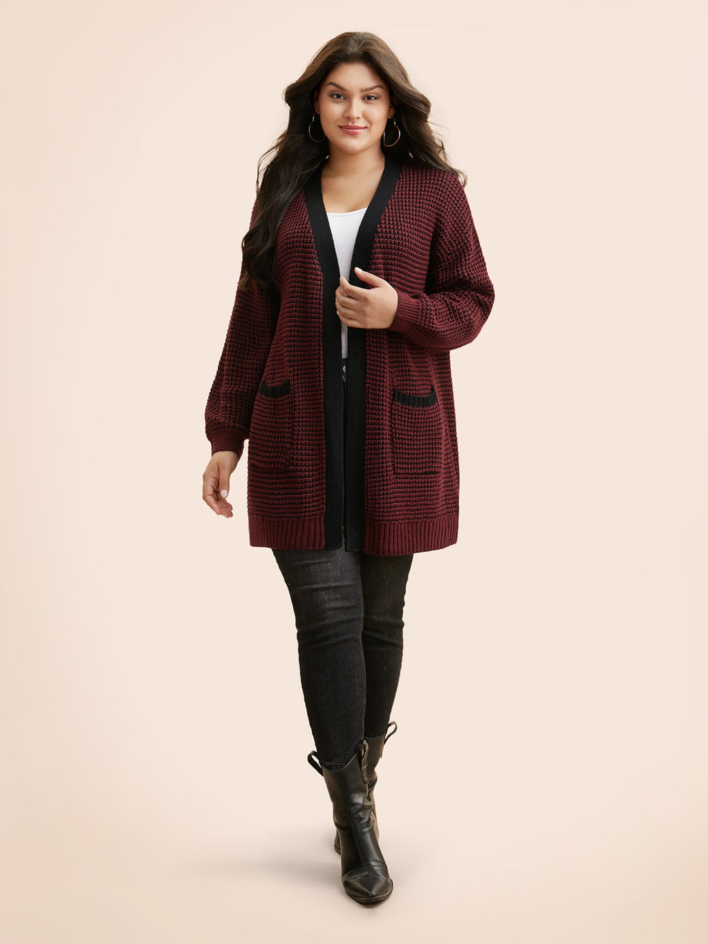 Contrast Textured Drop Shoulder Sleeve Cardigan
