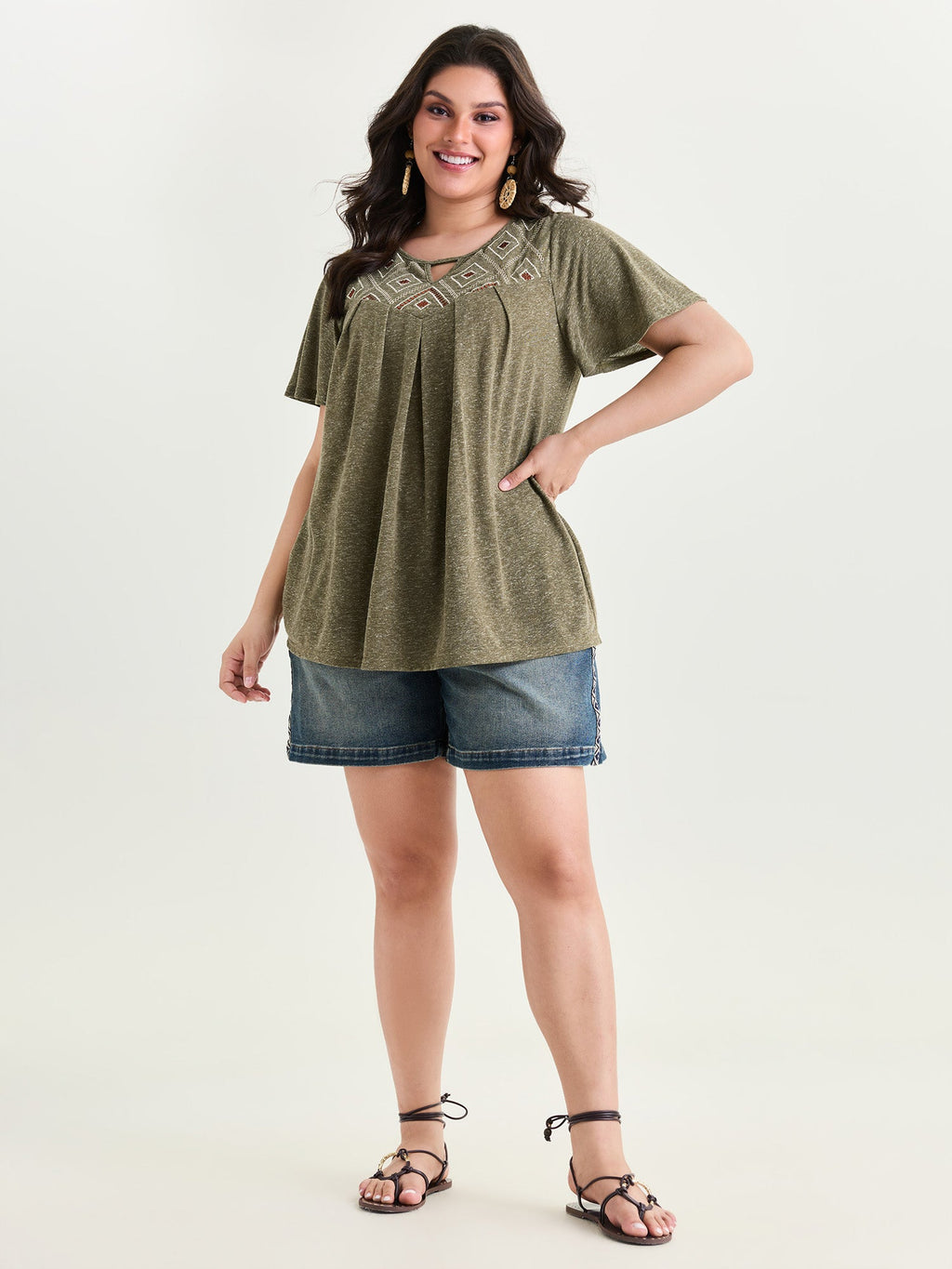 Boho Embroidered Keyhole Neckline Blouse