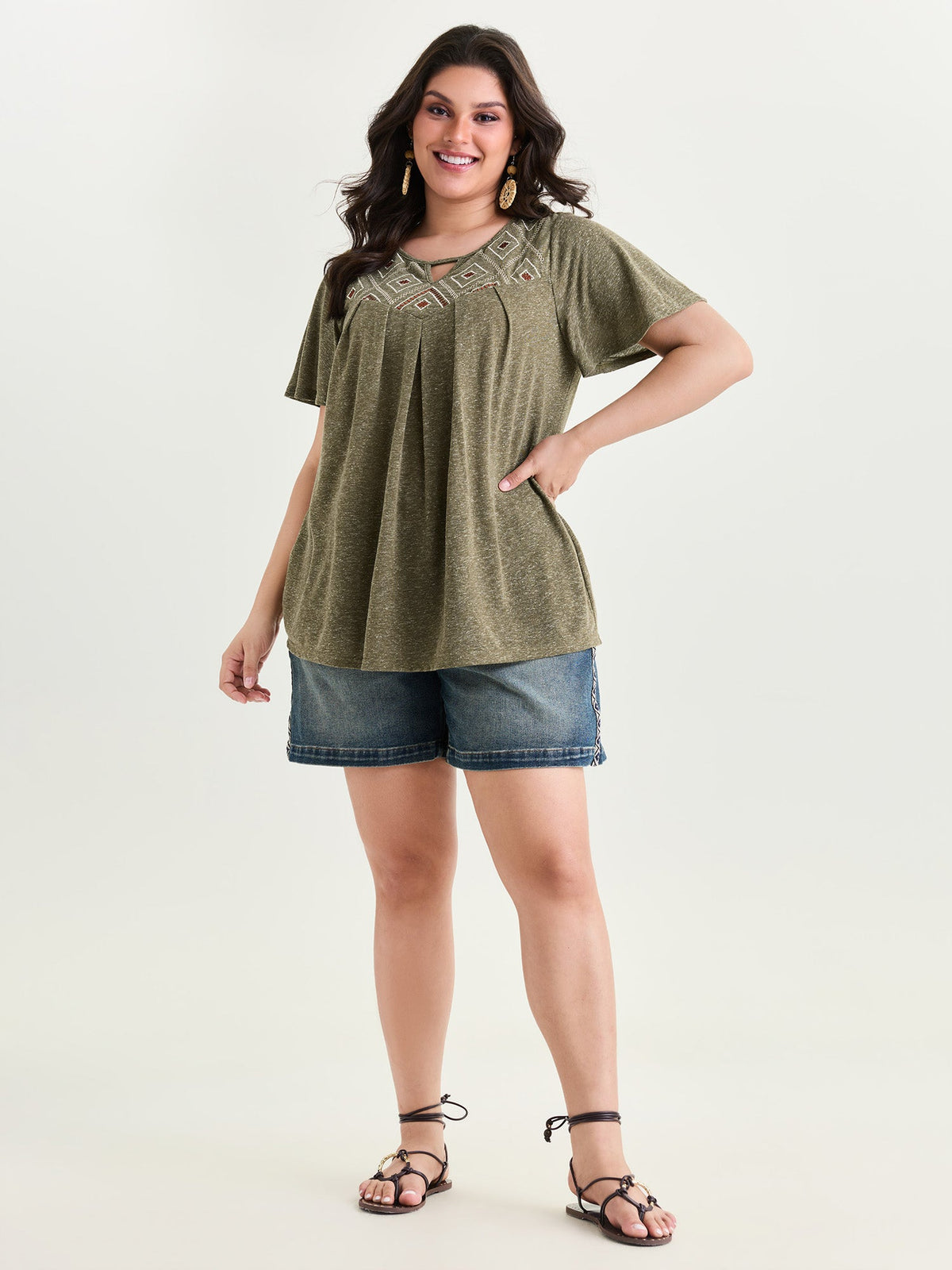 Boho Embroidered Keyhole Neckline Blouse