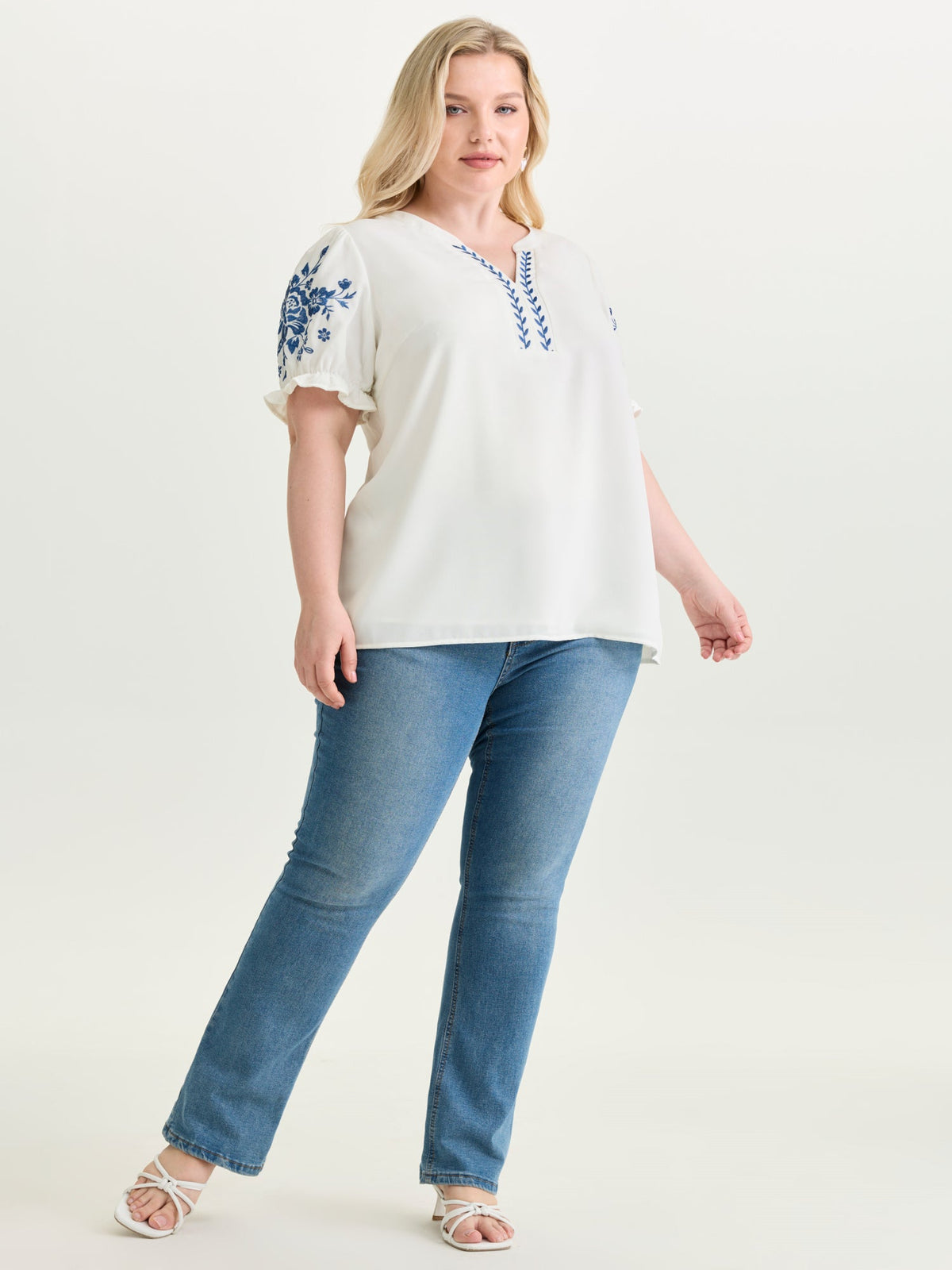 Notched Collar Embroidered Ruffled Blouse