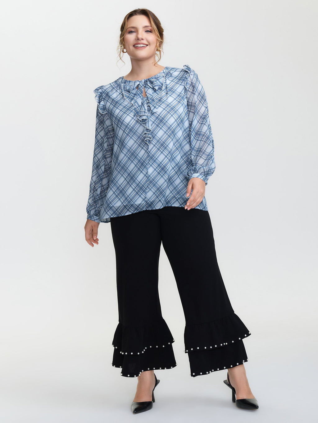 Plaid Print Sheer Ruffled Blouse