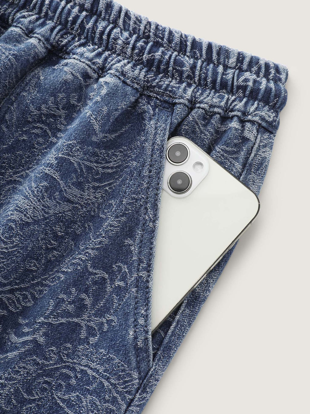 Washed Paisley Print Drawstring Wide Leg Jeans