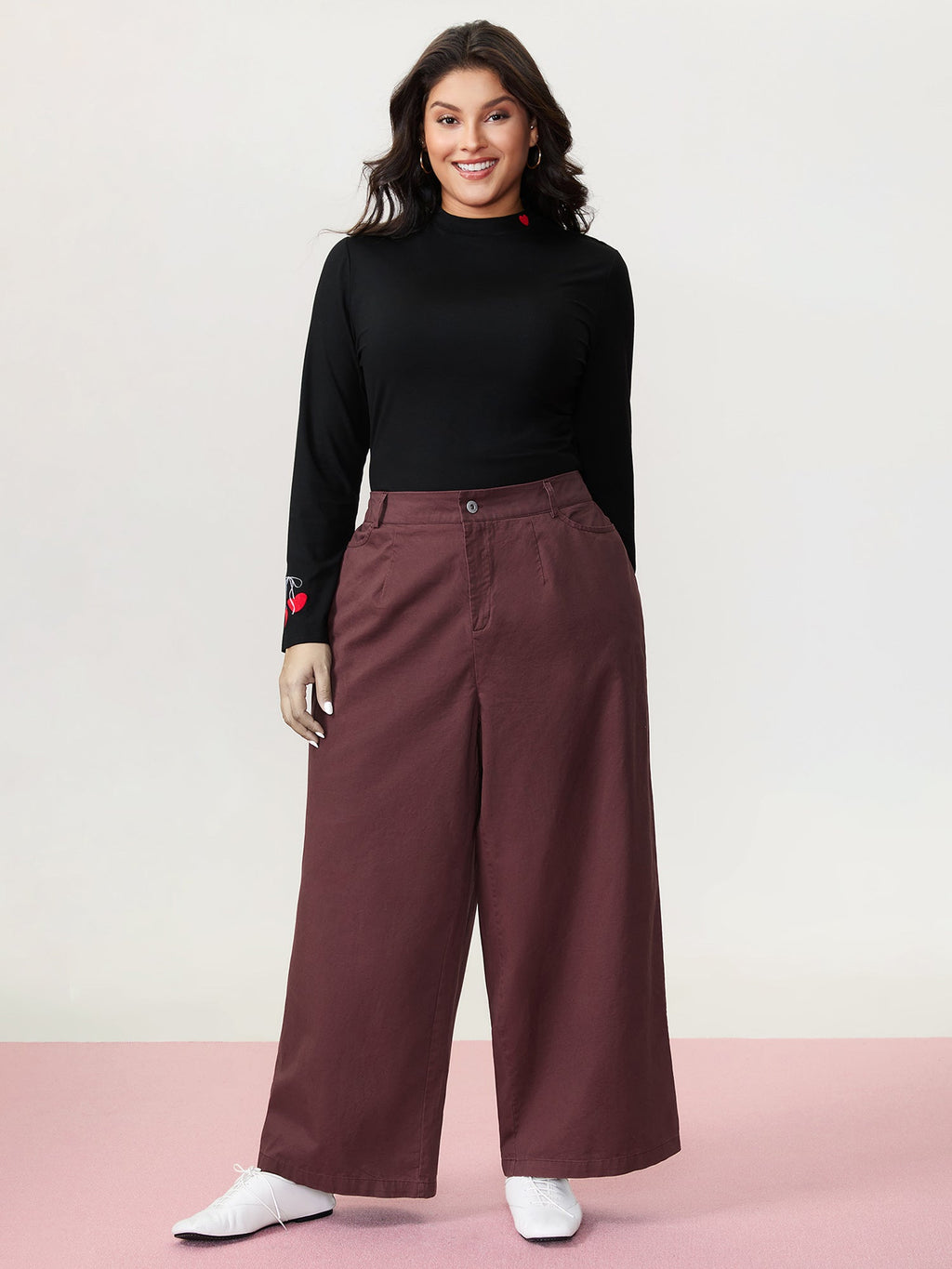Cotton Bow Embroidery Pockets Plain Pants