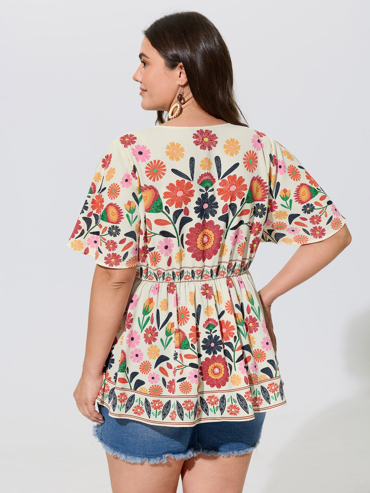 V Neck Colorful Floral Print Babydoll Blouse