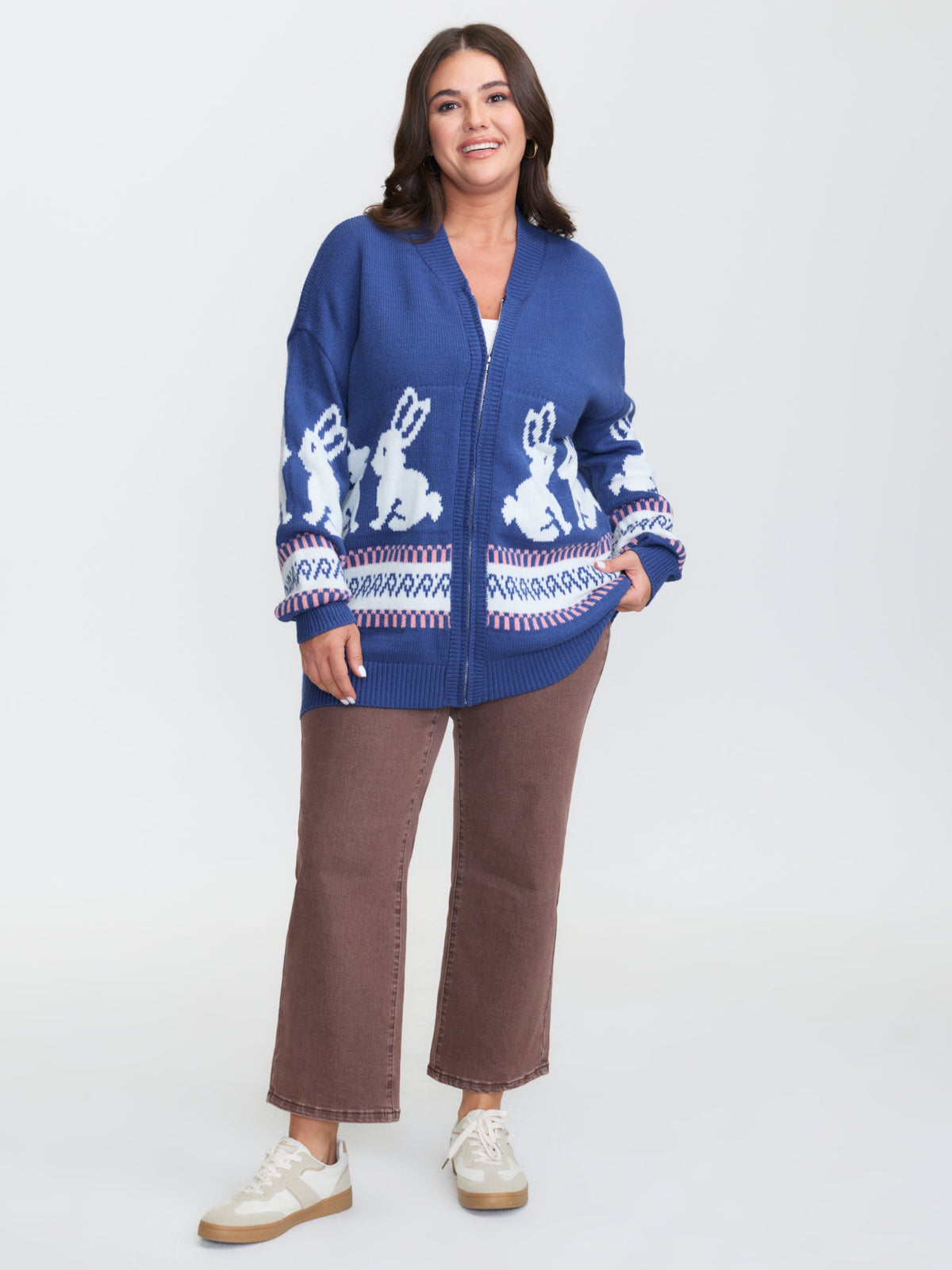 Rabbit Pattern Zipper Baseball Collar Knit Cardigan