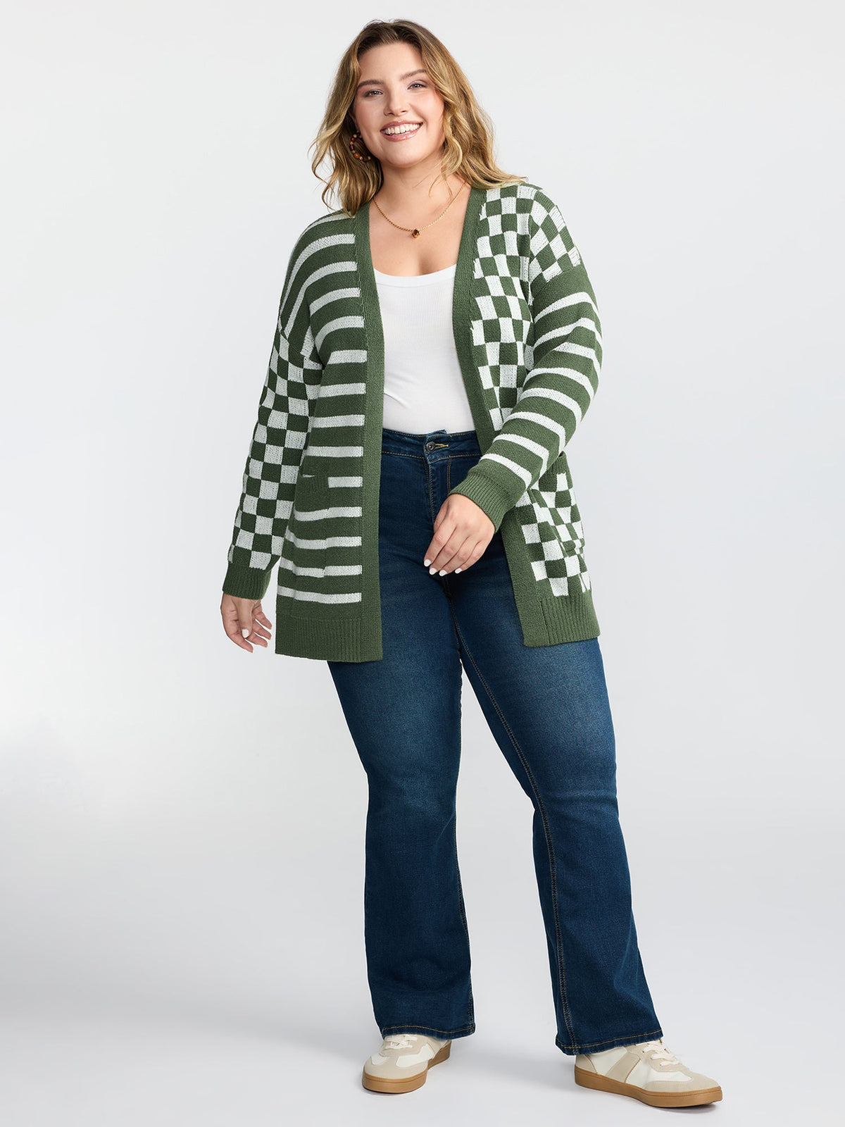 Supersoft Stripe Checkered Pockets Knit Cardigan
