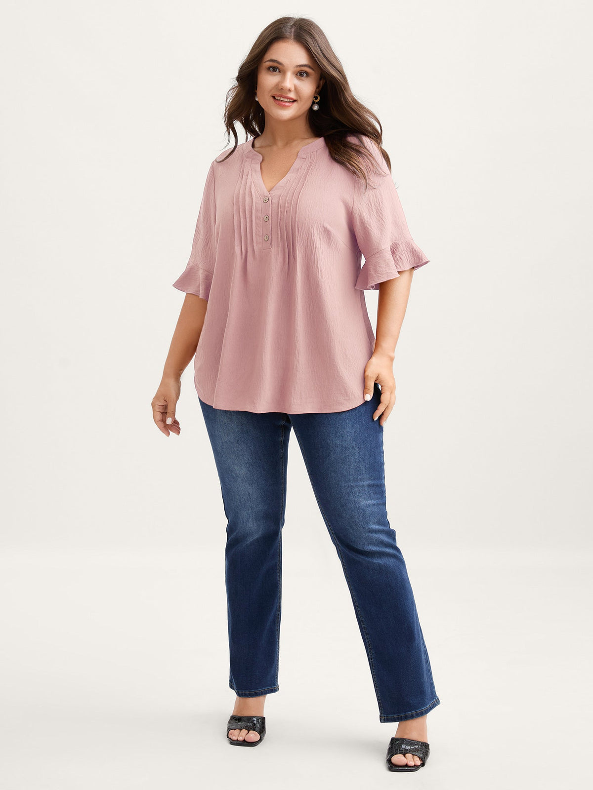 Toothpick Pleats Ruffled Sleeve Solid Blouse