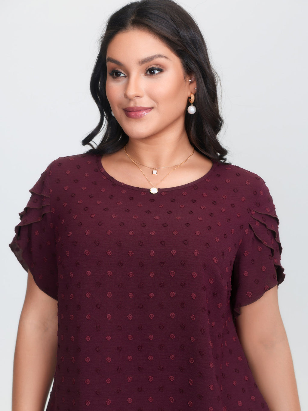 Textured Color Contrast Petal Sleeve Blouse