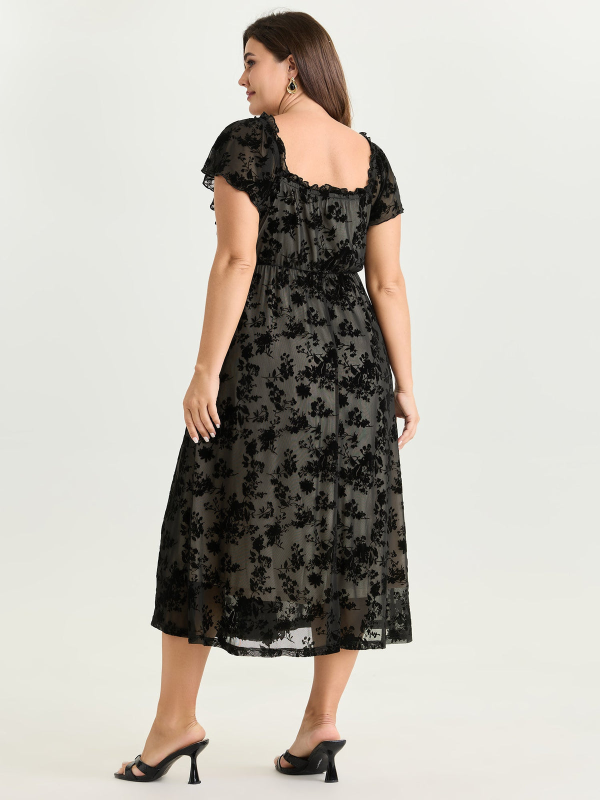 Floral Mesh Cut Stretchy Midi Dress
