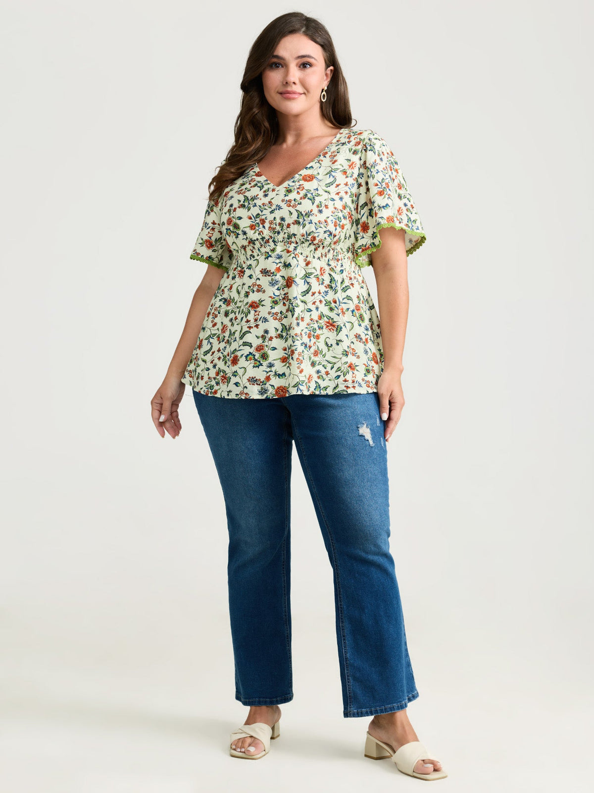 Dense Floral Print Bustier Shirred Waist Blouse
