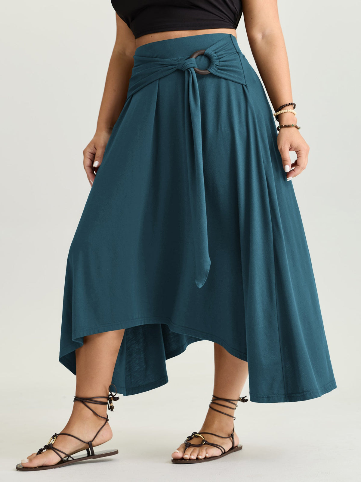 Supersoft Ring Detail Tie Asymmetrical Hem Midi Skirt