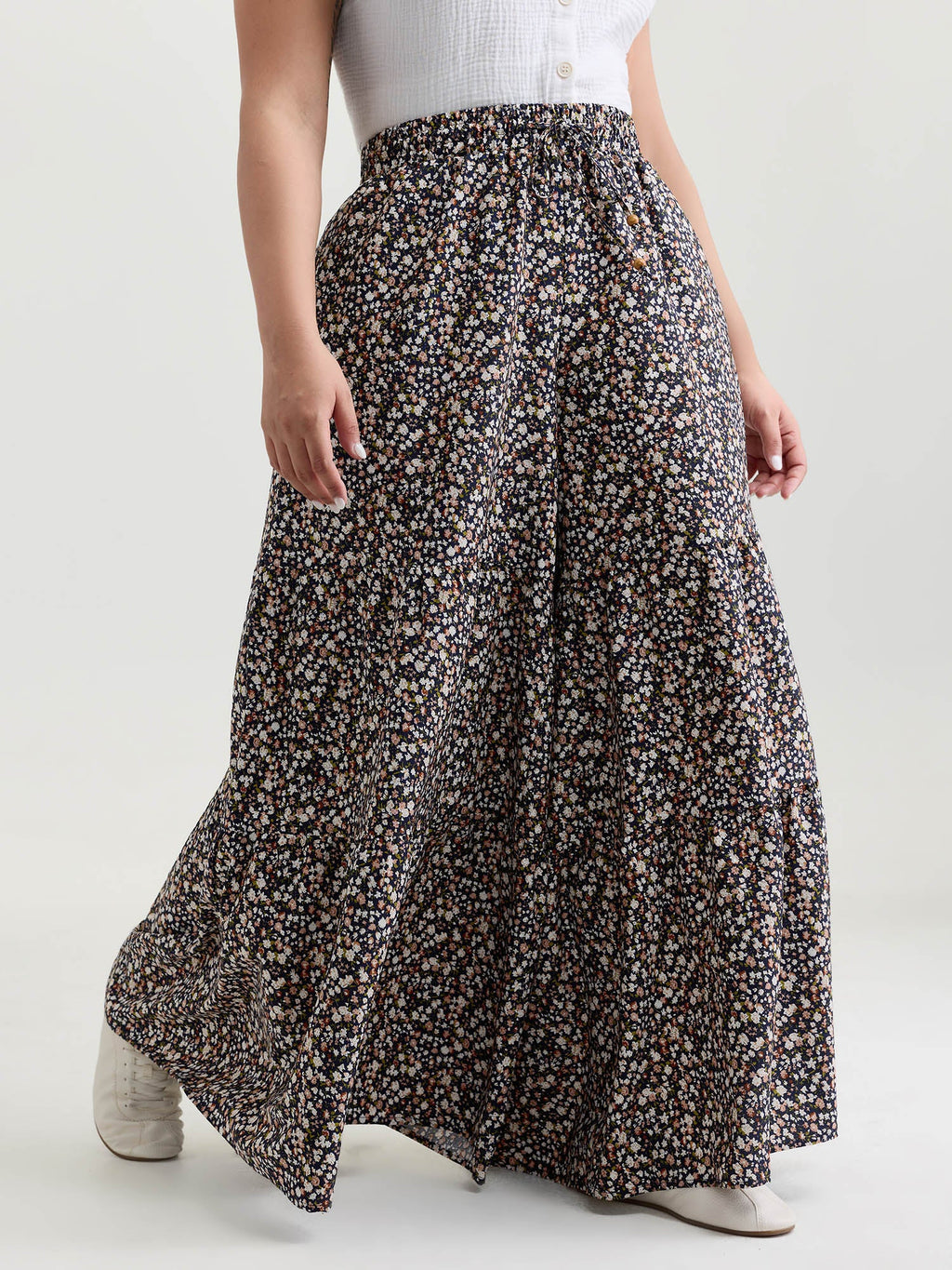 Micro Floral Print Wide Waistband Pants