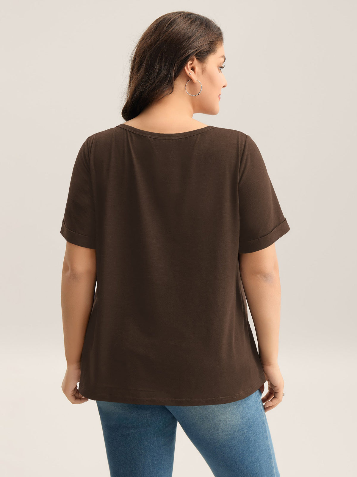 Solid Split Neck Button Detail T-Shirt
