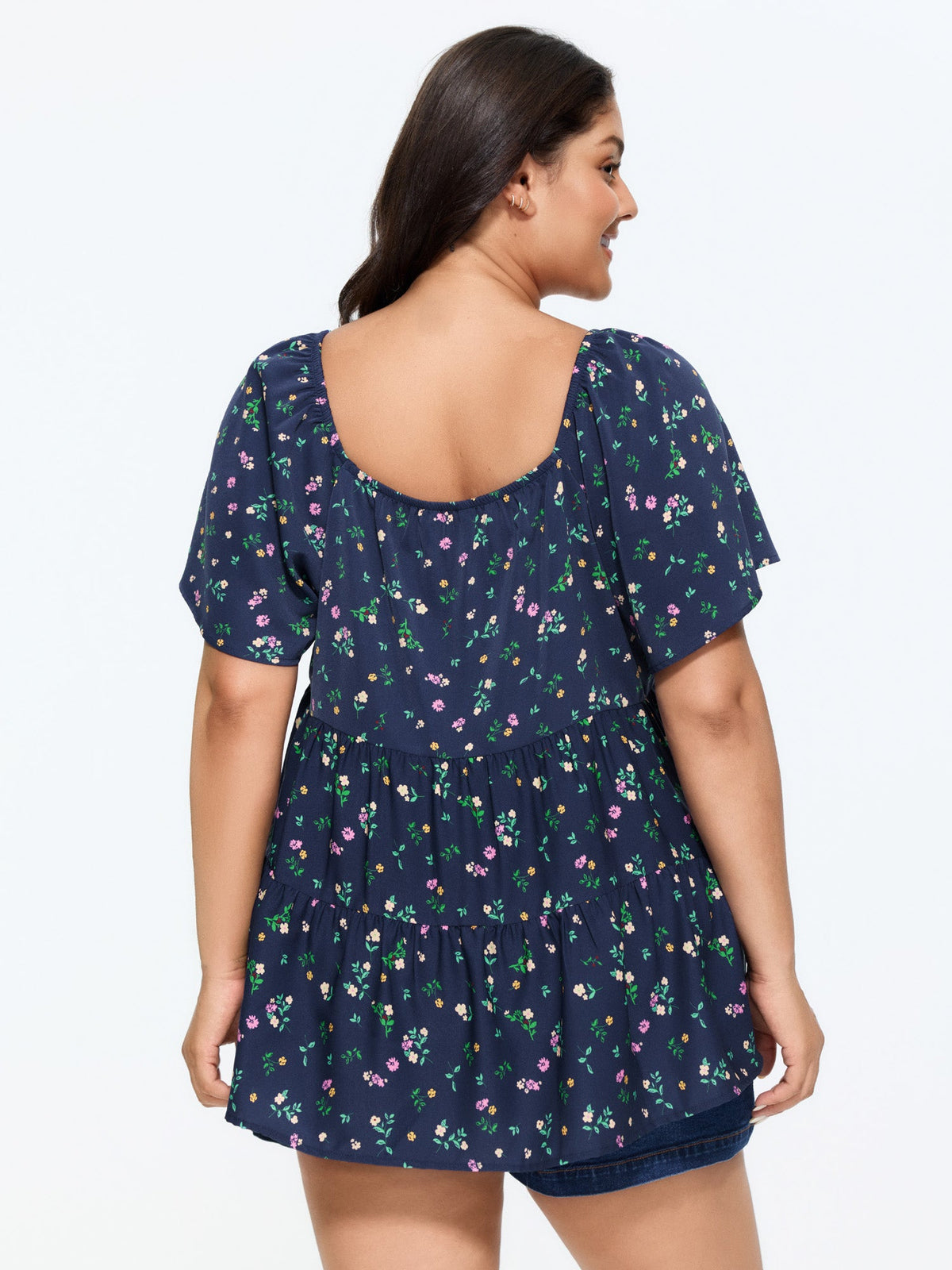 Micro Floral Print Sweetheart Neck Blouse