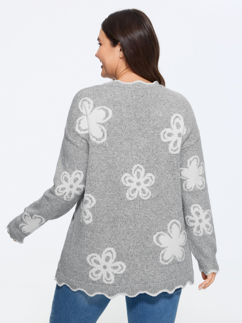 Floral Pattern Scalloped Hem Knit Cardian