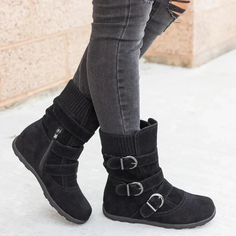Fashion New Autumn Winter Womens Round Toe Belt Buckle Slip-On Flat Sandals