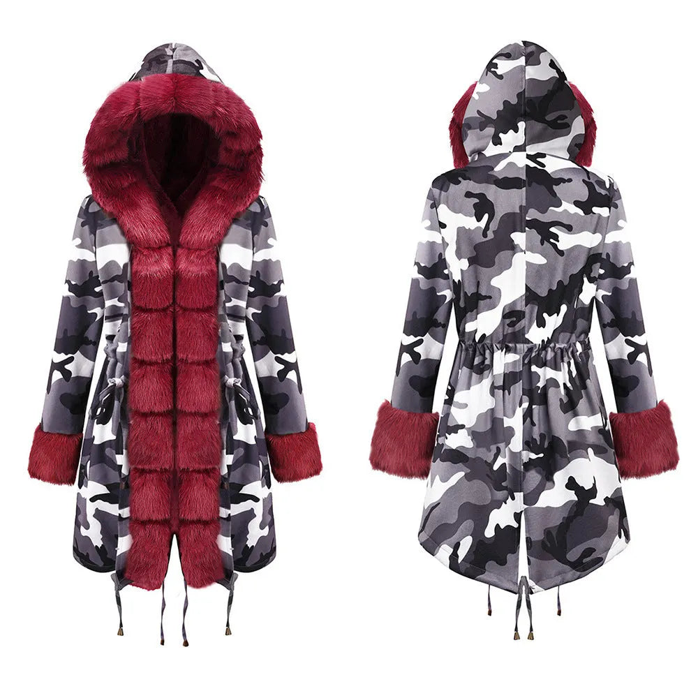 Womens Hooded Camouflage Warm Winter Coats Faux Fur Jacket Parka Overcoat