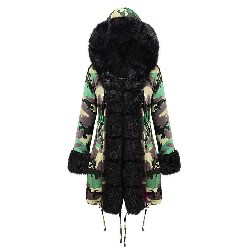 Womens Hooded Camouflage Warm Winter Coats Faux Fur Jacket Parka Overcoat