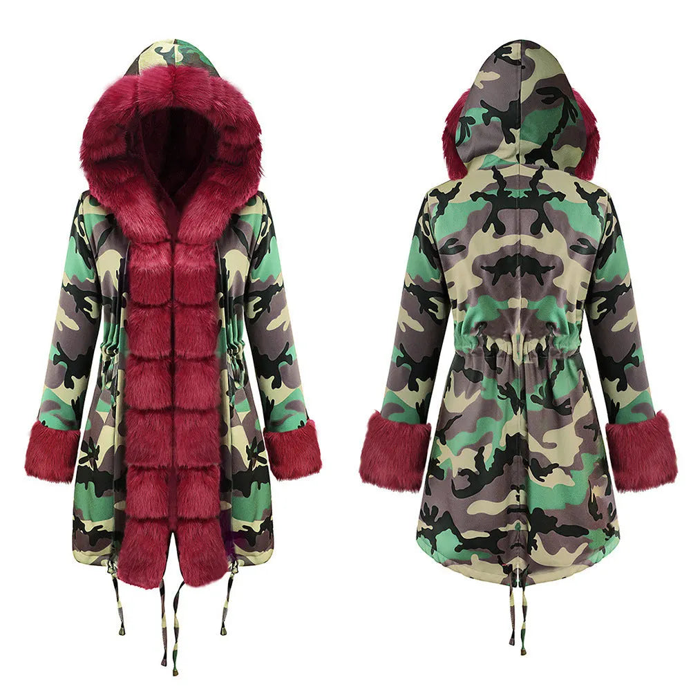 Womens Hooded Camouflage Warm Winter Coats Faux Fur Jacket Parka Overcoat