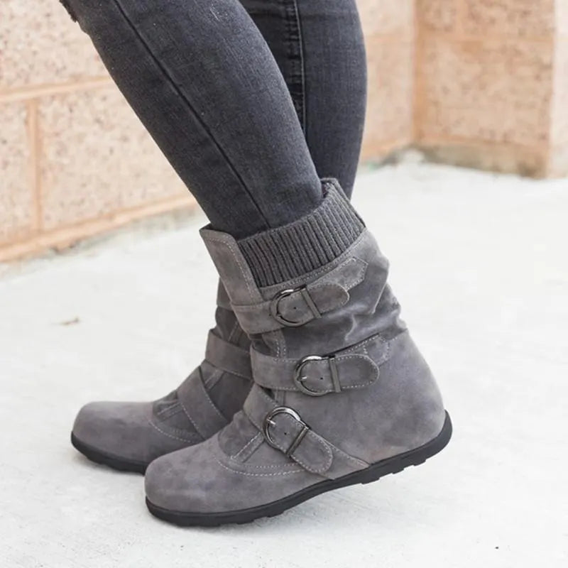 Fashion New Autumn Winter Womens Round Toe Belt Buckle Slip-On Flat Sandals