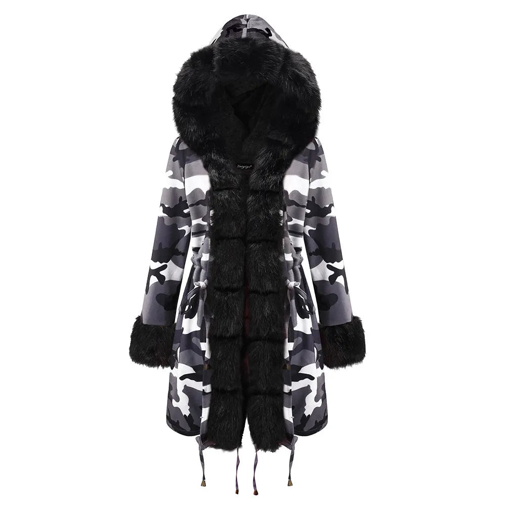 Womens Hooded Camouflage Warm Winter Coats Faux Fur Jacket Parka Overcoat