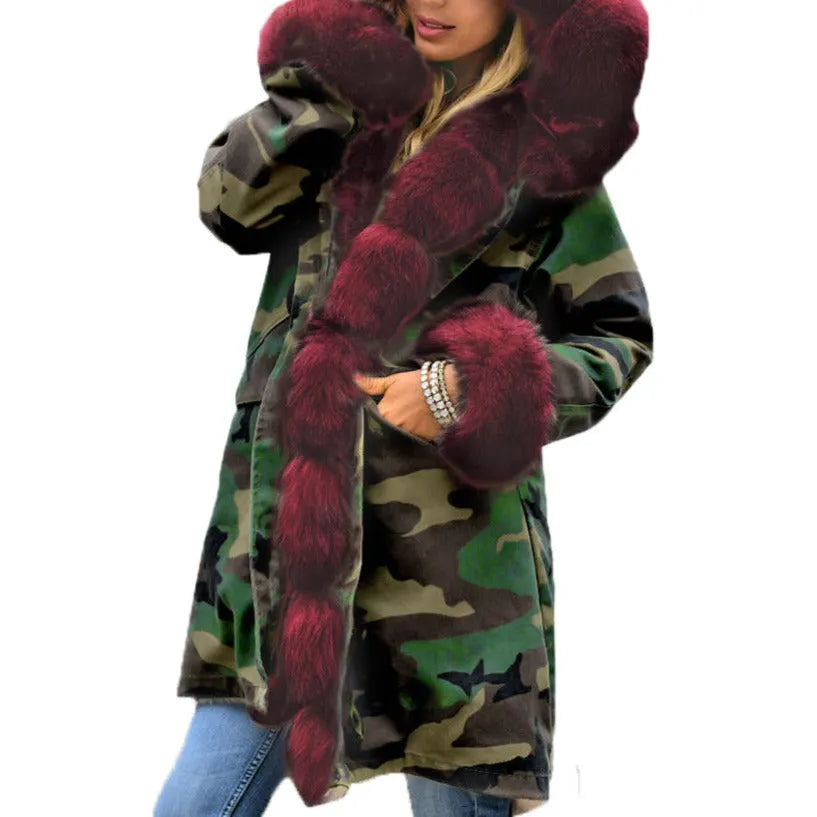 Womens Hooded Camouflage Warm Winter Coats Faux Fur Jacket Parka Overcoat